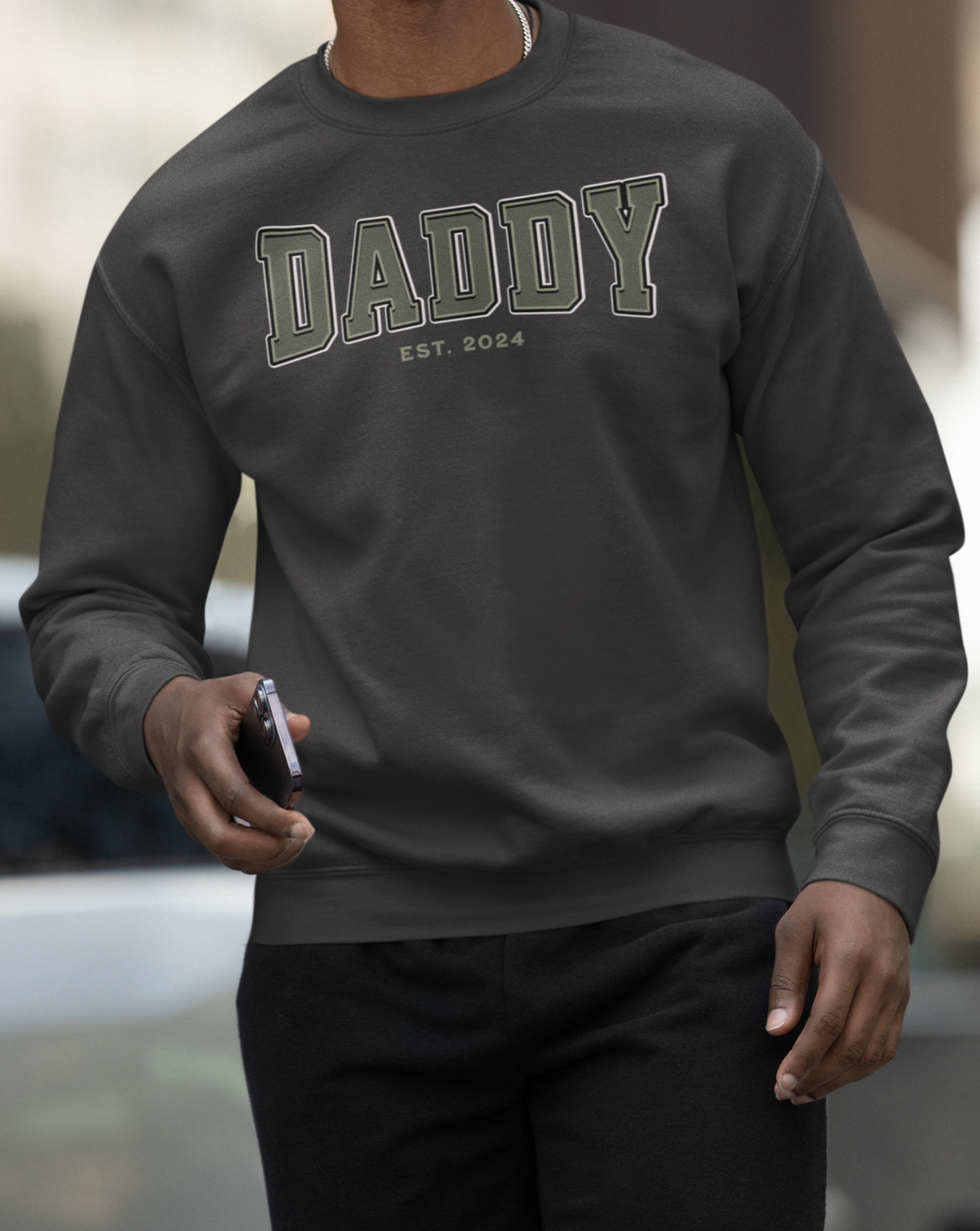 Daddy Est 2024 Army Green College Letter Sweatshirt