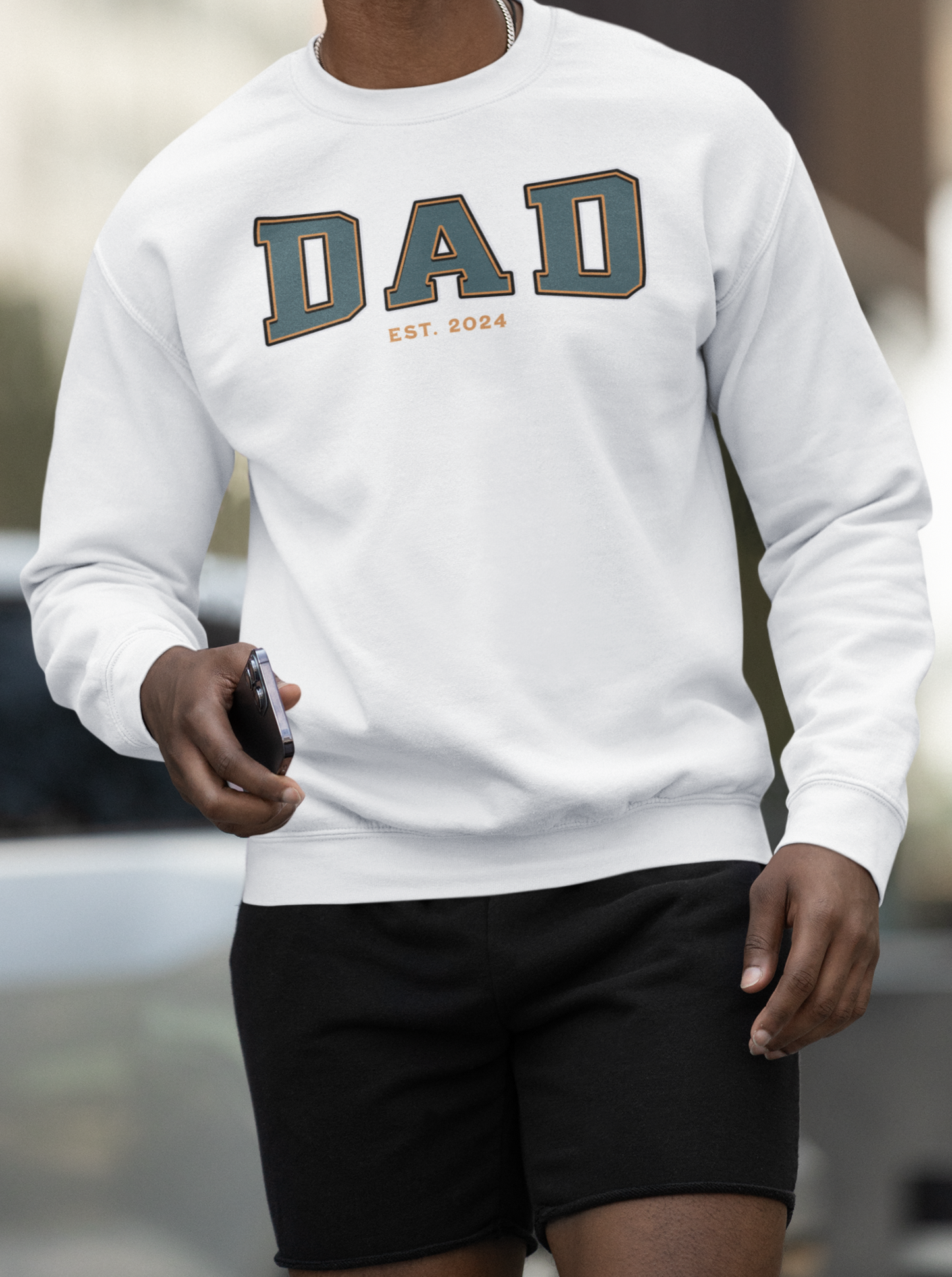 Dad Est 2024 Teal Orange College Letter Sweatshirt