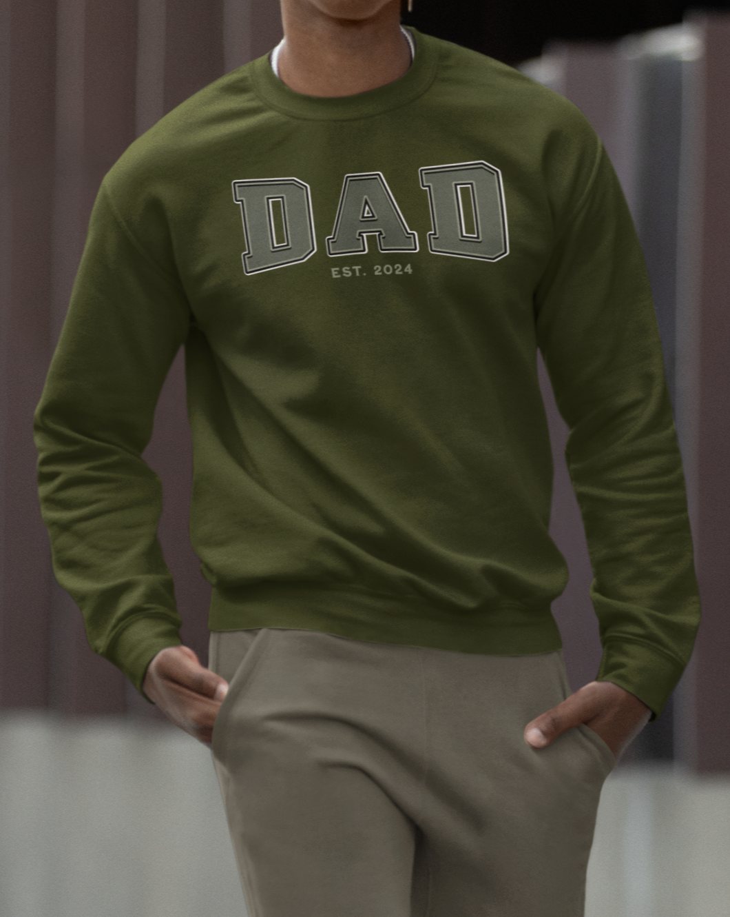 Dad Est 2024 Army Green College Letter Sweatshirt