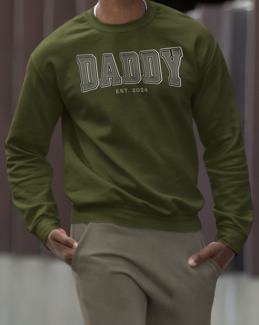 Daddy Est 2024 Army Green College Letter Sweatshirt
