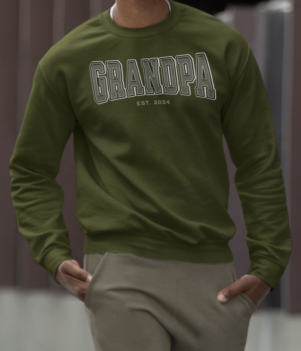 Grandpa Est 2024 Army Green College Letter Sweatshirt
