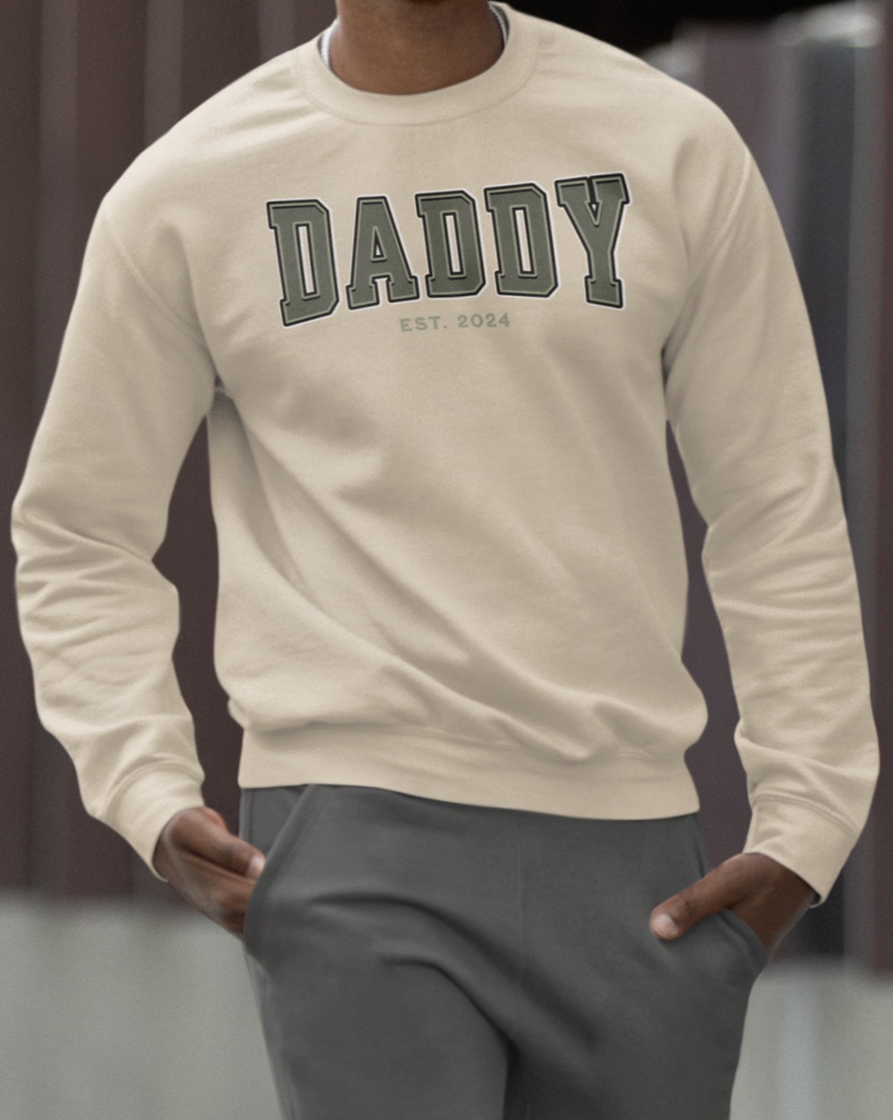 Daddy Est 2024 Army Green College Letter Sweatshirt