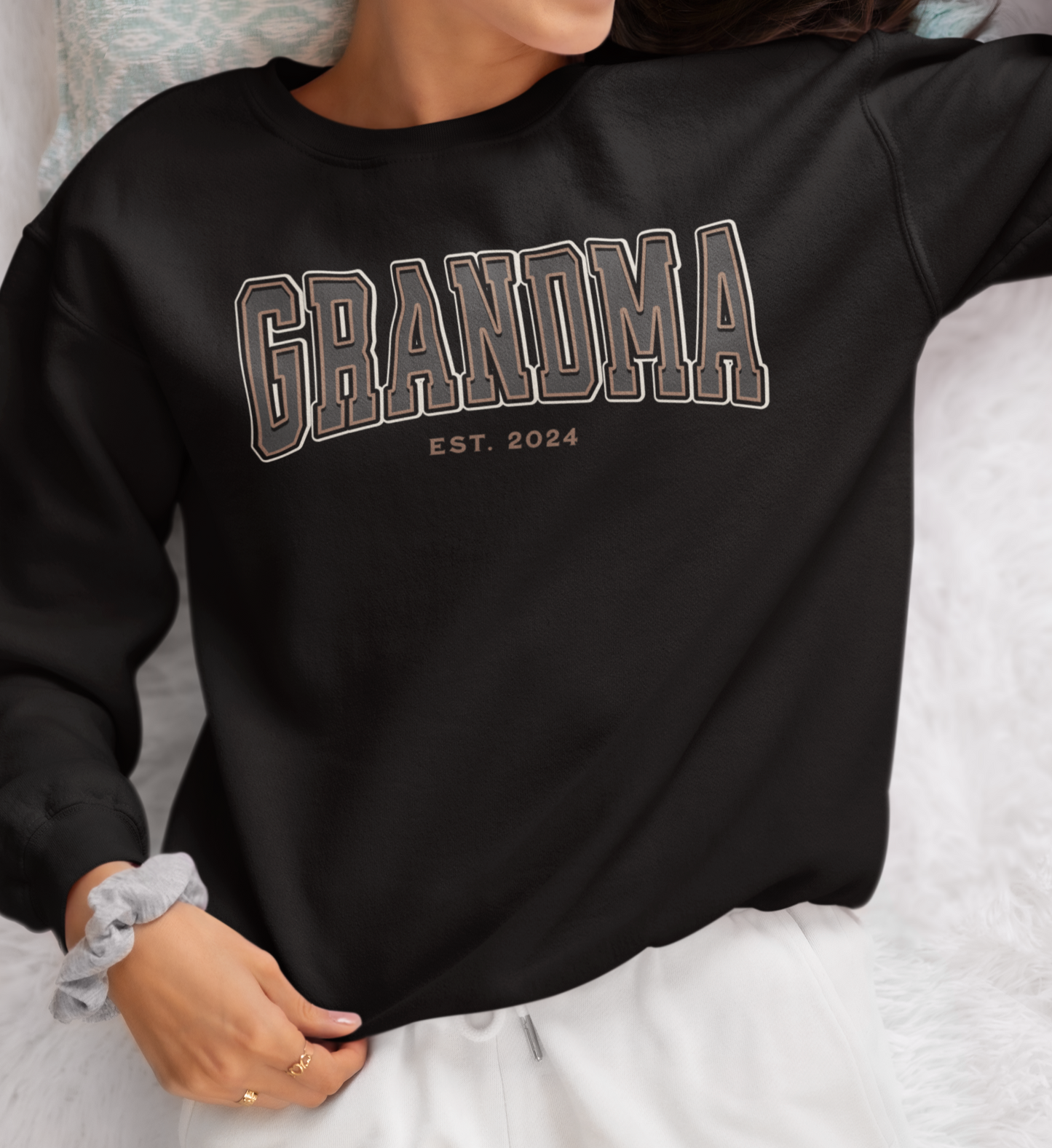 Grandma Est 2024 Grey Tan College Letter Sweatshirt
