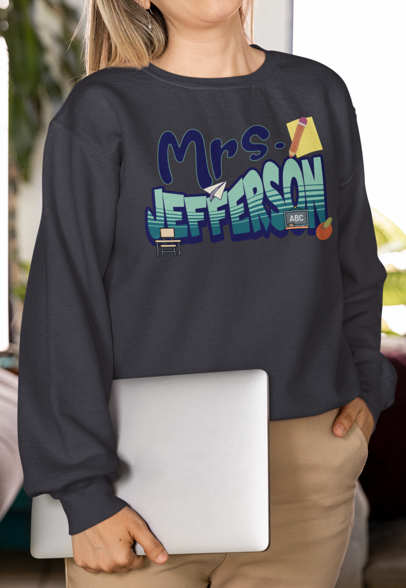 Custom Blue Retro Wave Teacher Sweatshirt