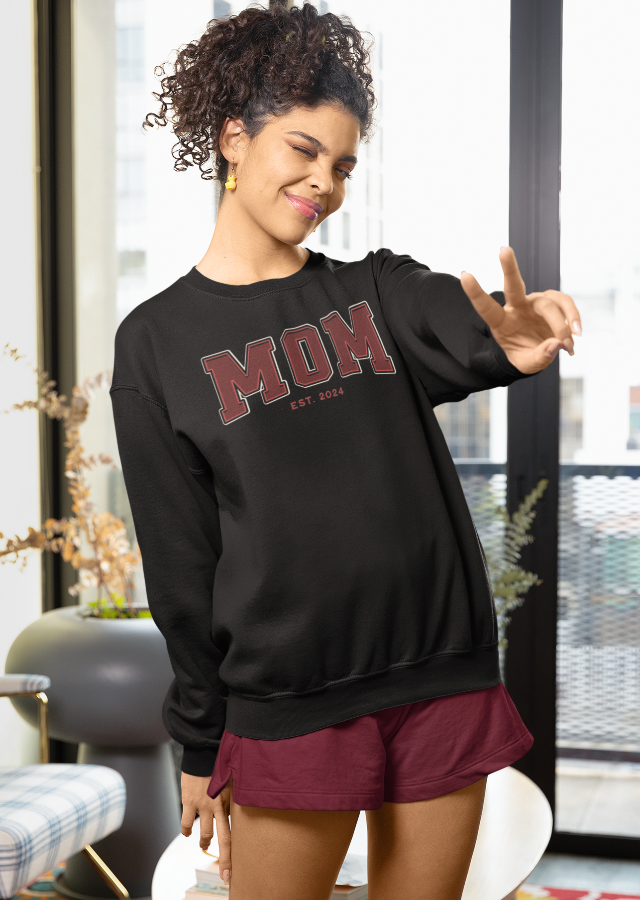 Mom Est 2024 Red College Letter Sweatshirt