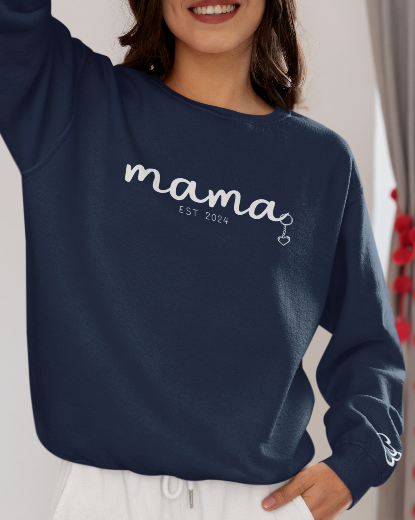 Custom Mama Est 2024 Heart Key Chain Sleeve Sweatshirt