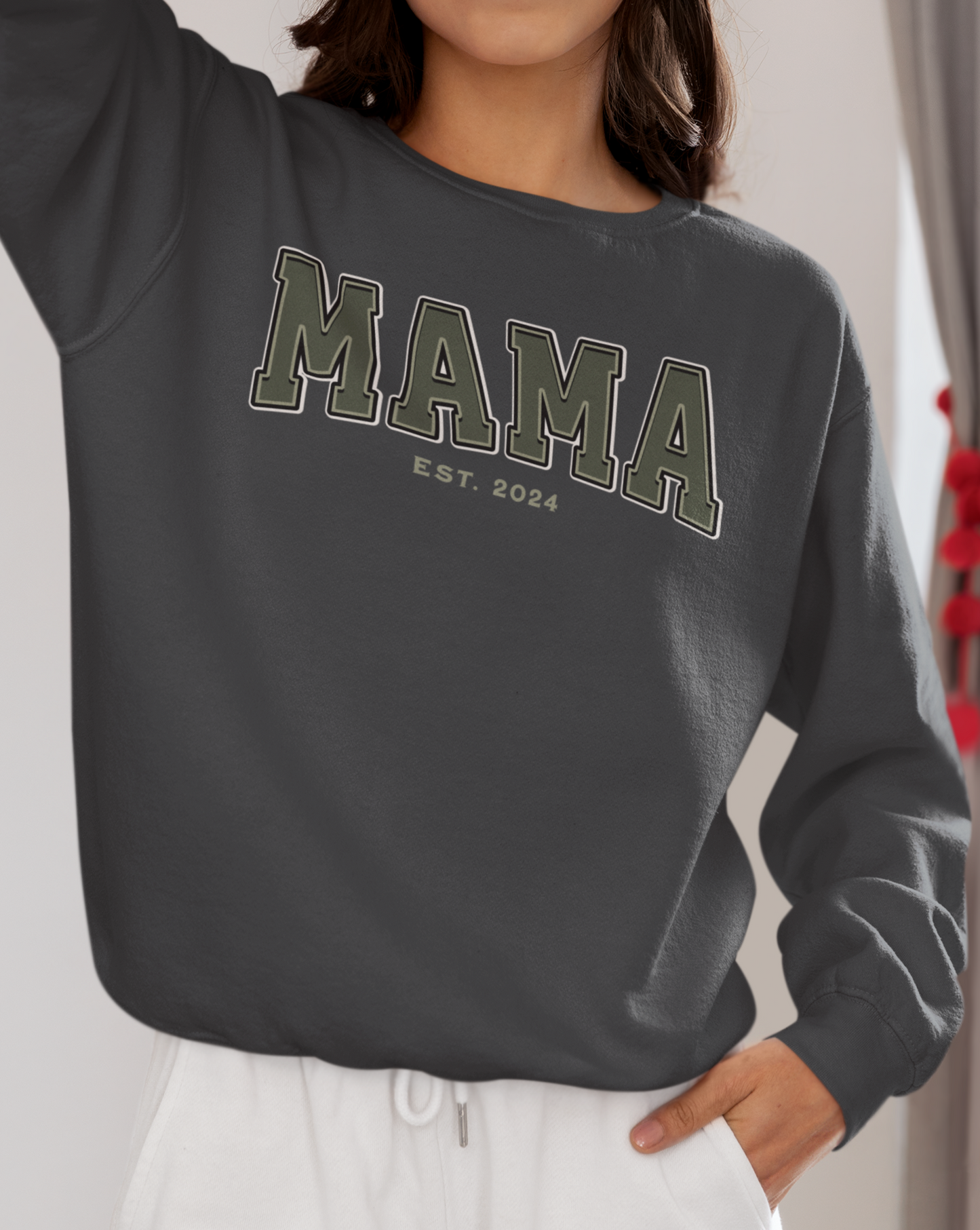 Mama Est 2024 Army Green College Letter Sweatshirt