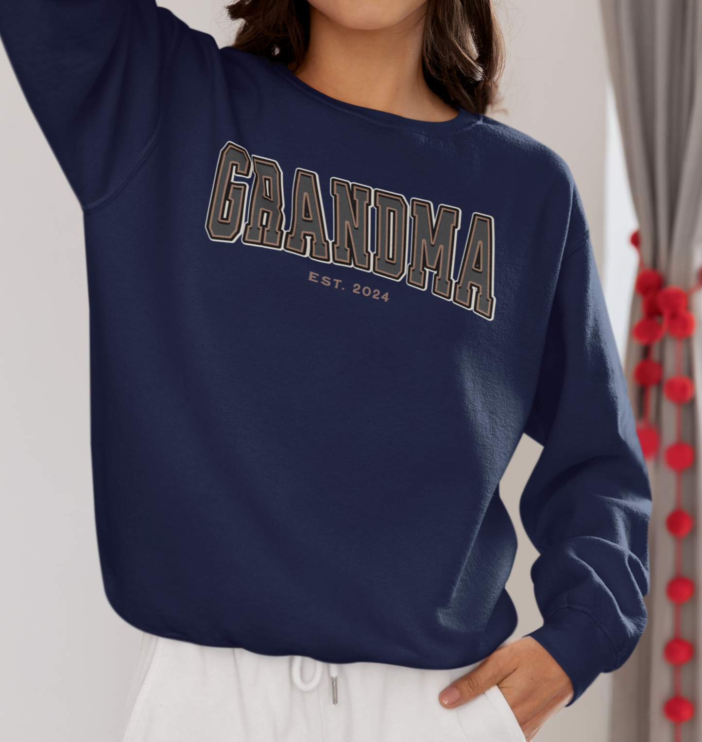 Grandma Est 2024 Grey Tan College Letter Sweatshirt