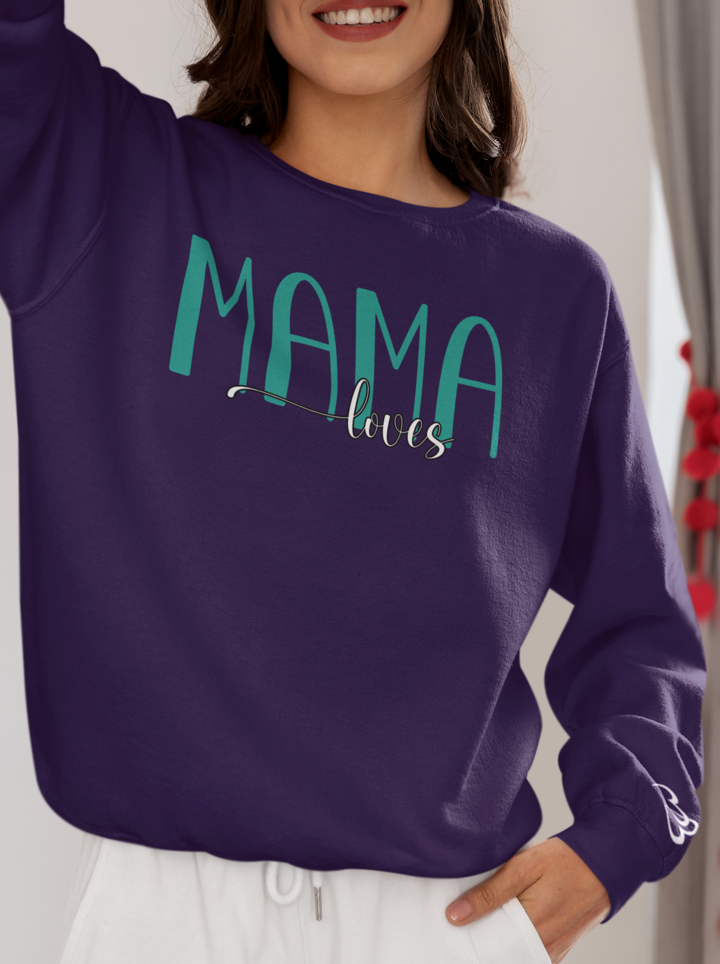 Custom Teal Mama Loves Heart Sleeve Sweatshirt