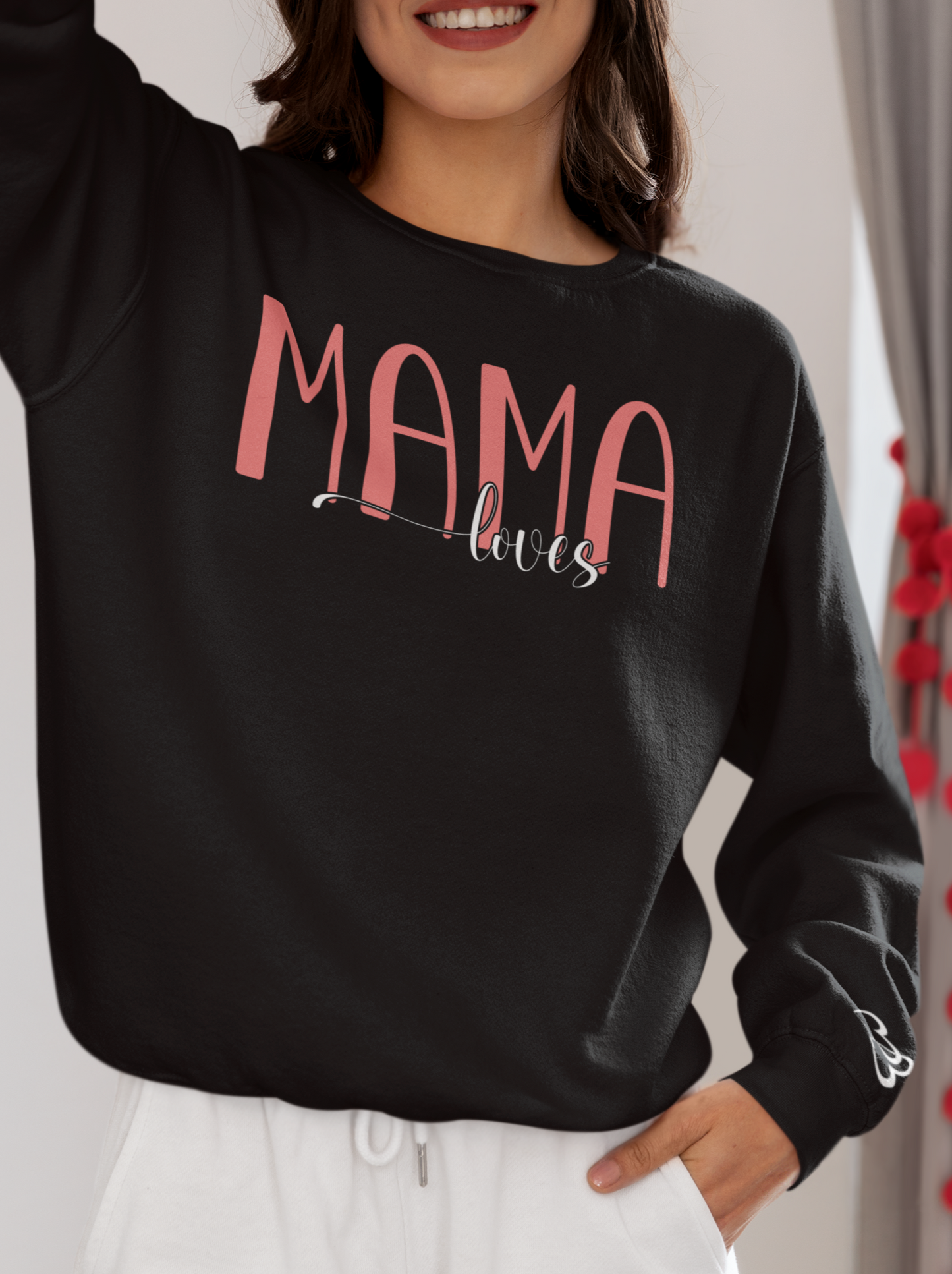 Custom Pink Mama Loves Heart Sleeve Sweatshirt