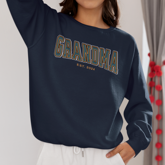 Grandma Est 2024 Teal Orange College Letter Sweatshirt