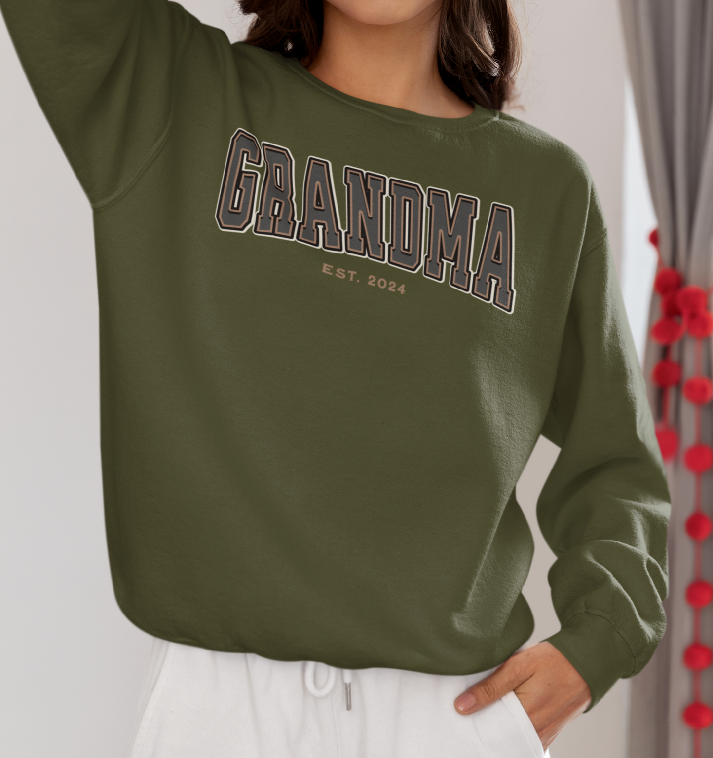 Grandma Est 2024 Grey Tan College Letter Sweatshirt