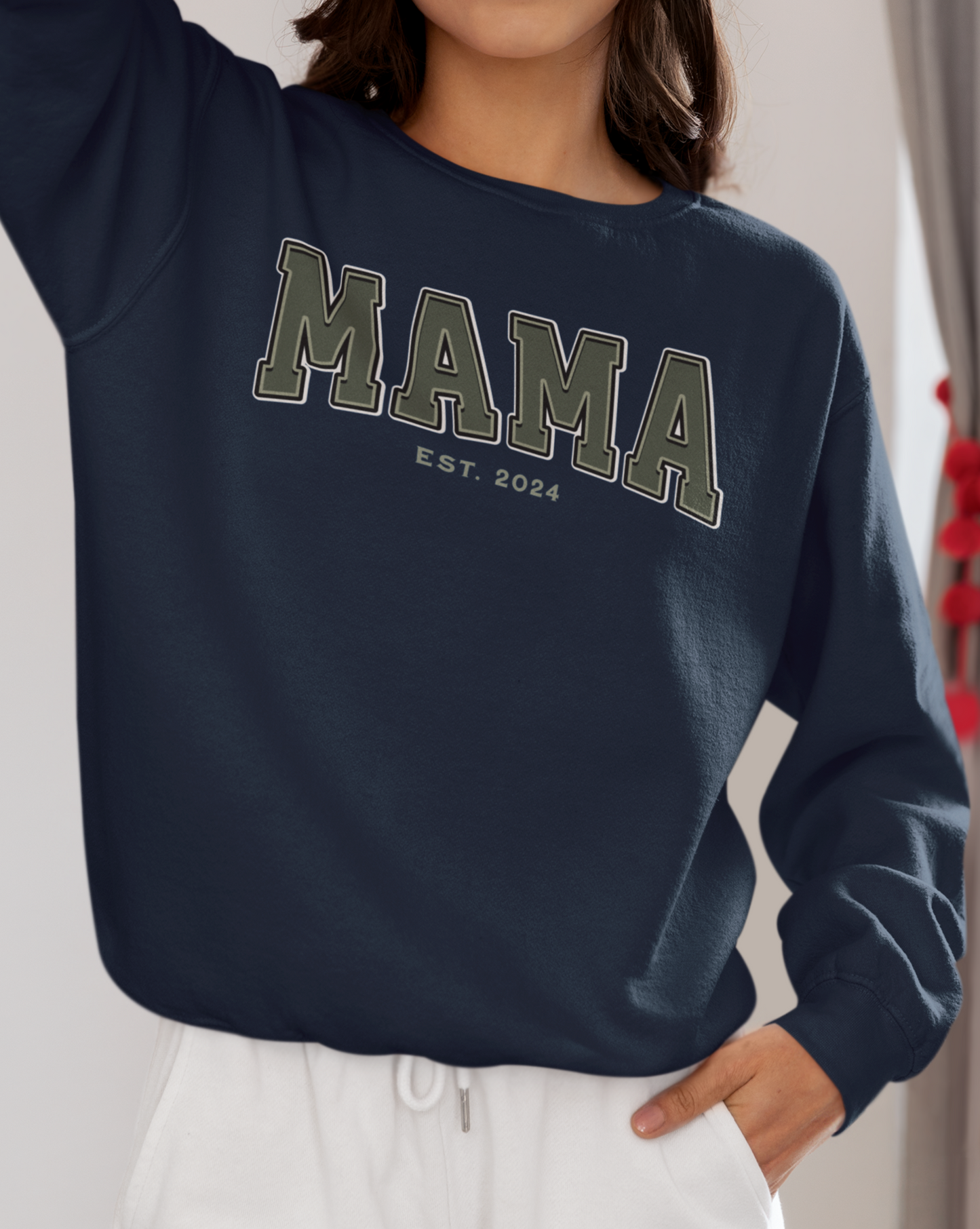 Mama Est 2024 Army Green College Letter Sweatshirt