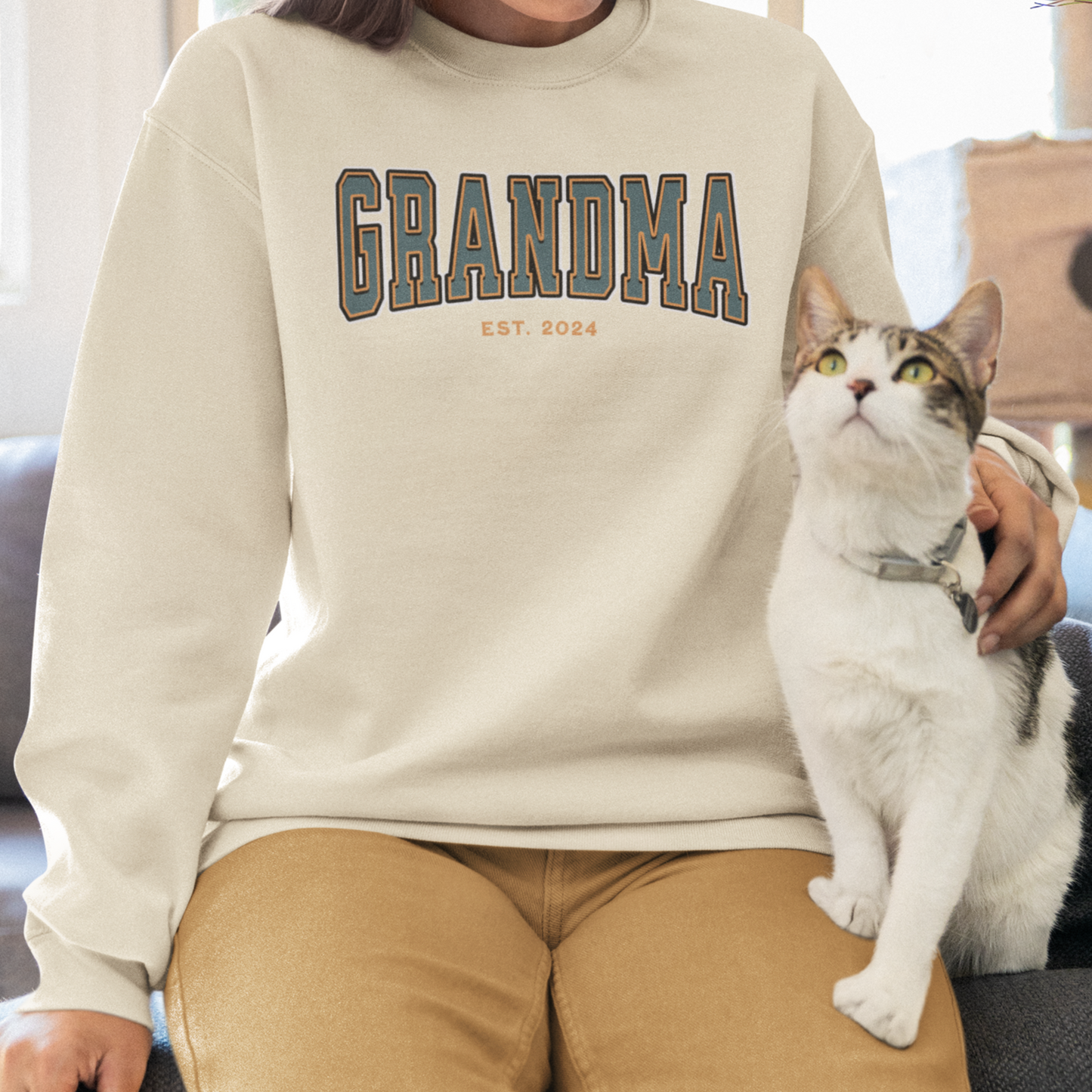 Grandma Est 2024 Teal Orange College Letter Sweatshirt