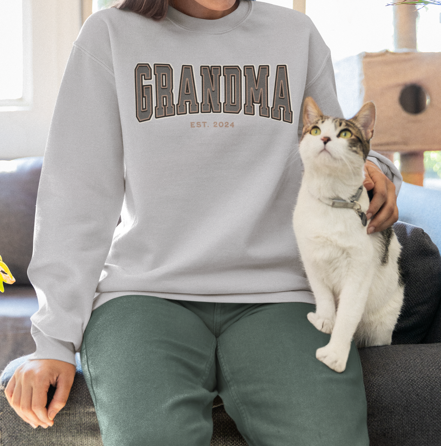 Grandma Est 2024 Grey Tan College Letter Sweatshirt