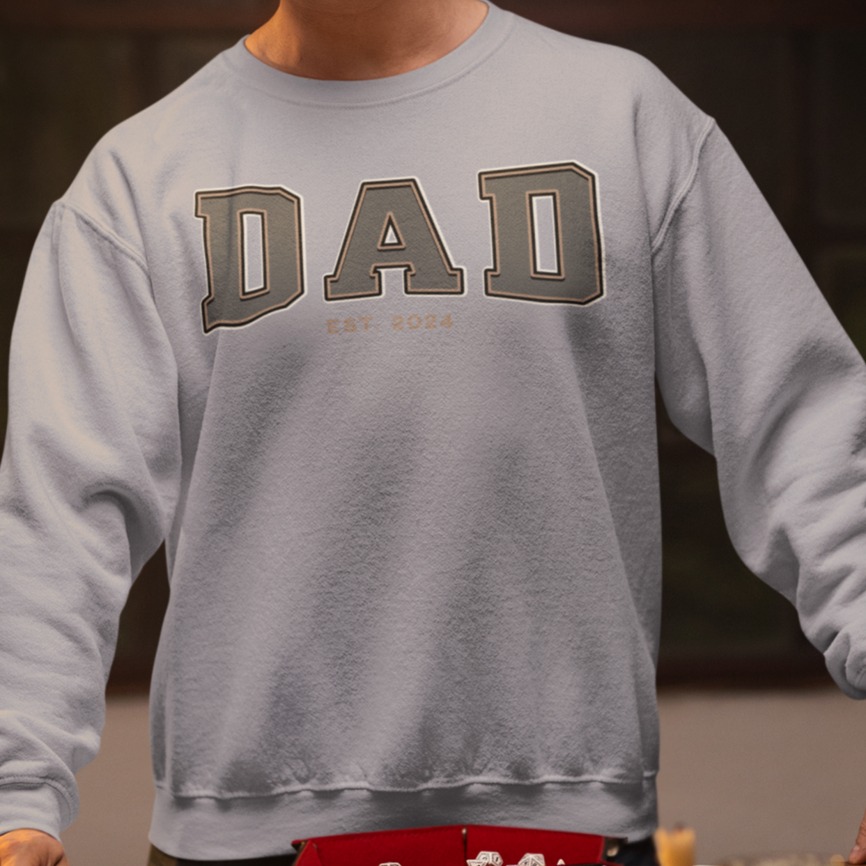 Dad Est 2024 Grey Tan College Letter Sweatshirt