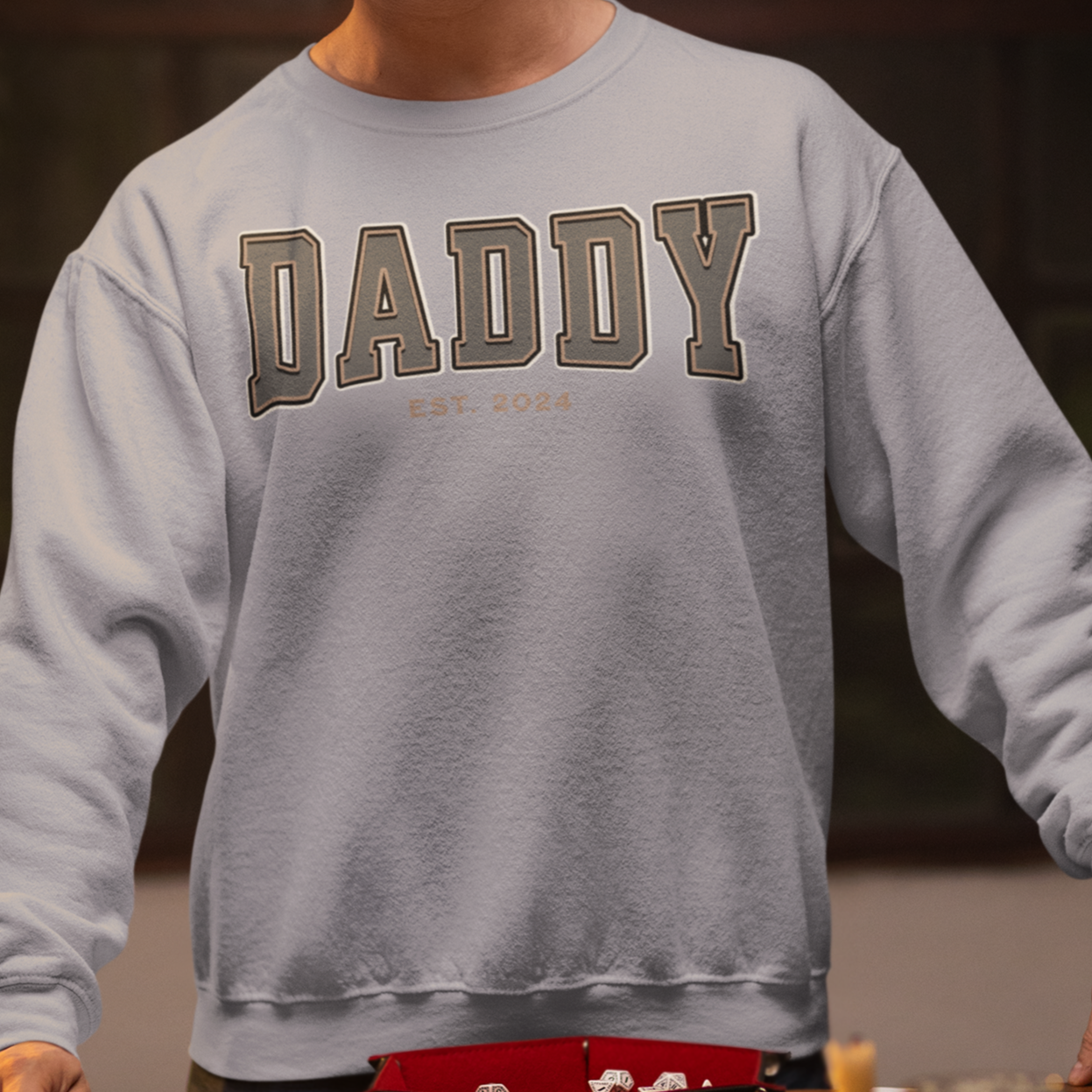 Daddy Est 2024 Grey Tan College Letter Sweatshirt