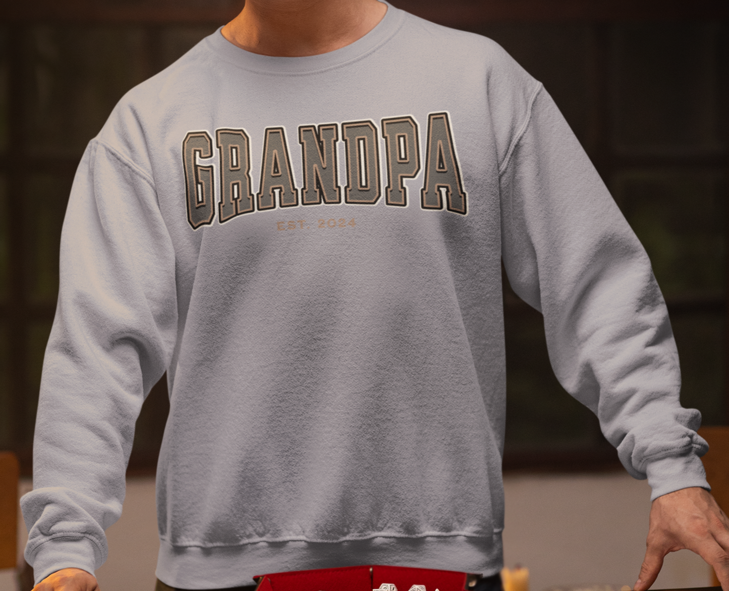 Grandpa Est 2024 Grey Tan College Letter Sweatshirt