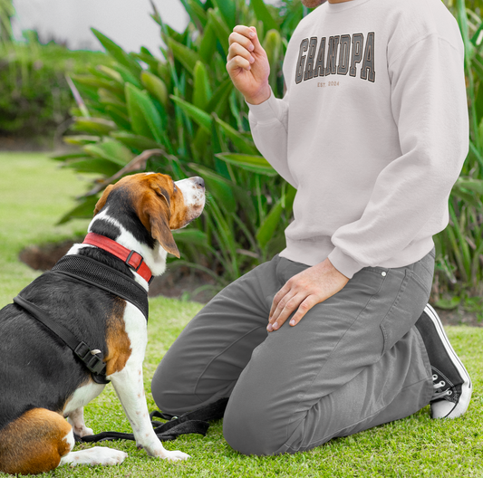 Grandpa Est 2024 Grey Tan College Letter Sweatshirt