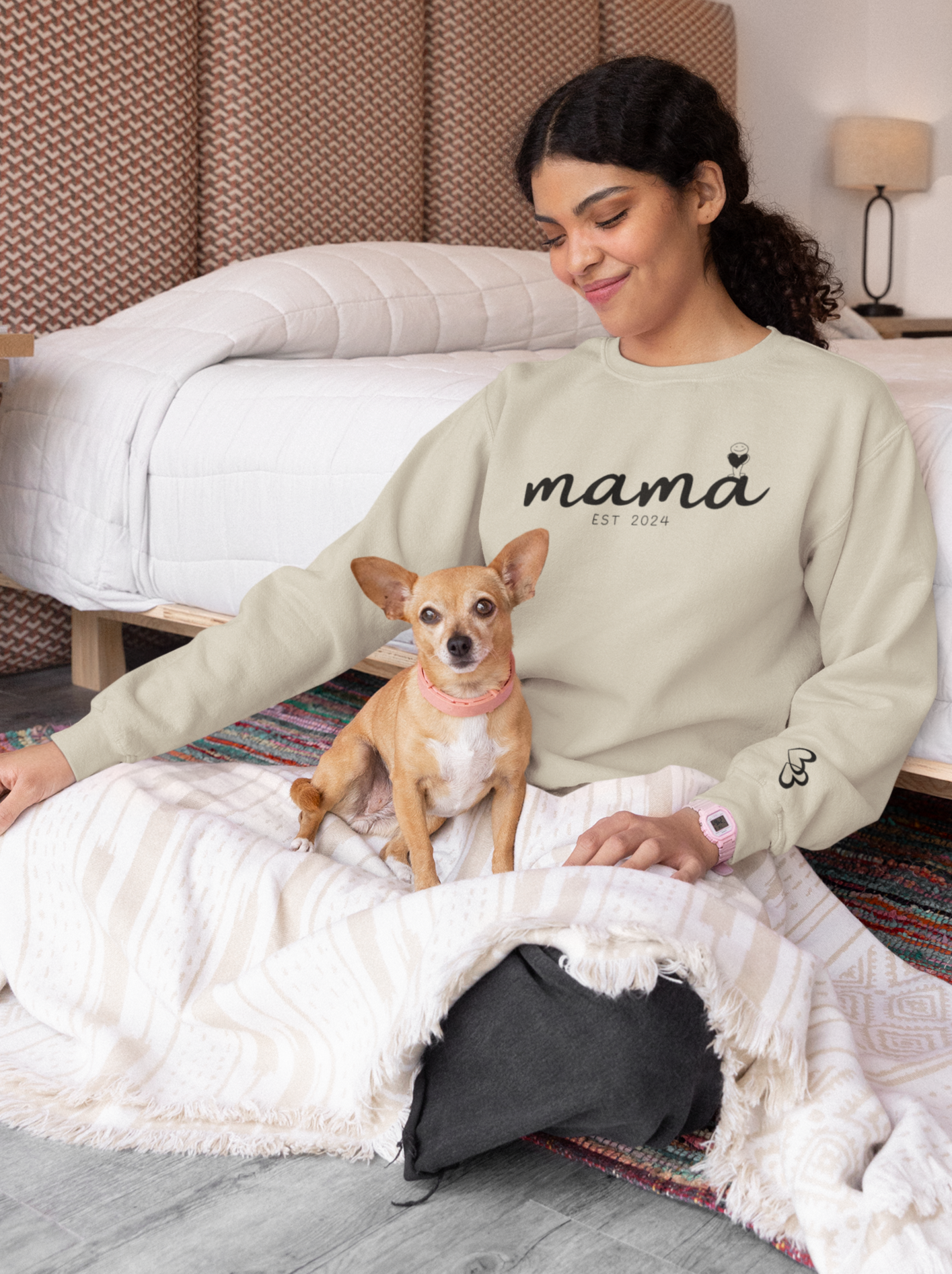 Custom Mama Est 2024 Holding Heart Sleeve Sweatshirt