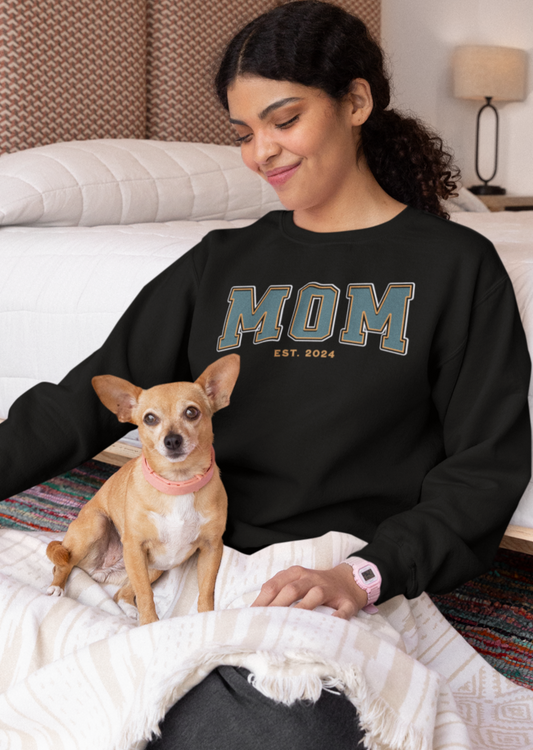 Mom Est 2024 Teal Orange College Letter Sweatshirt