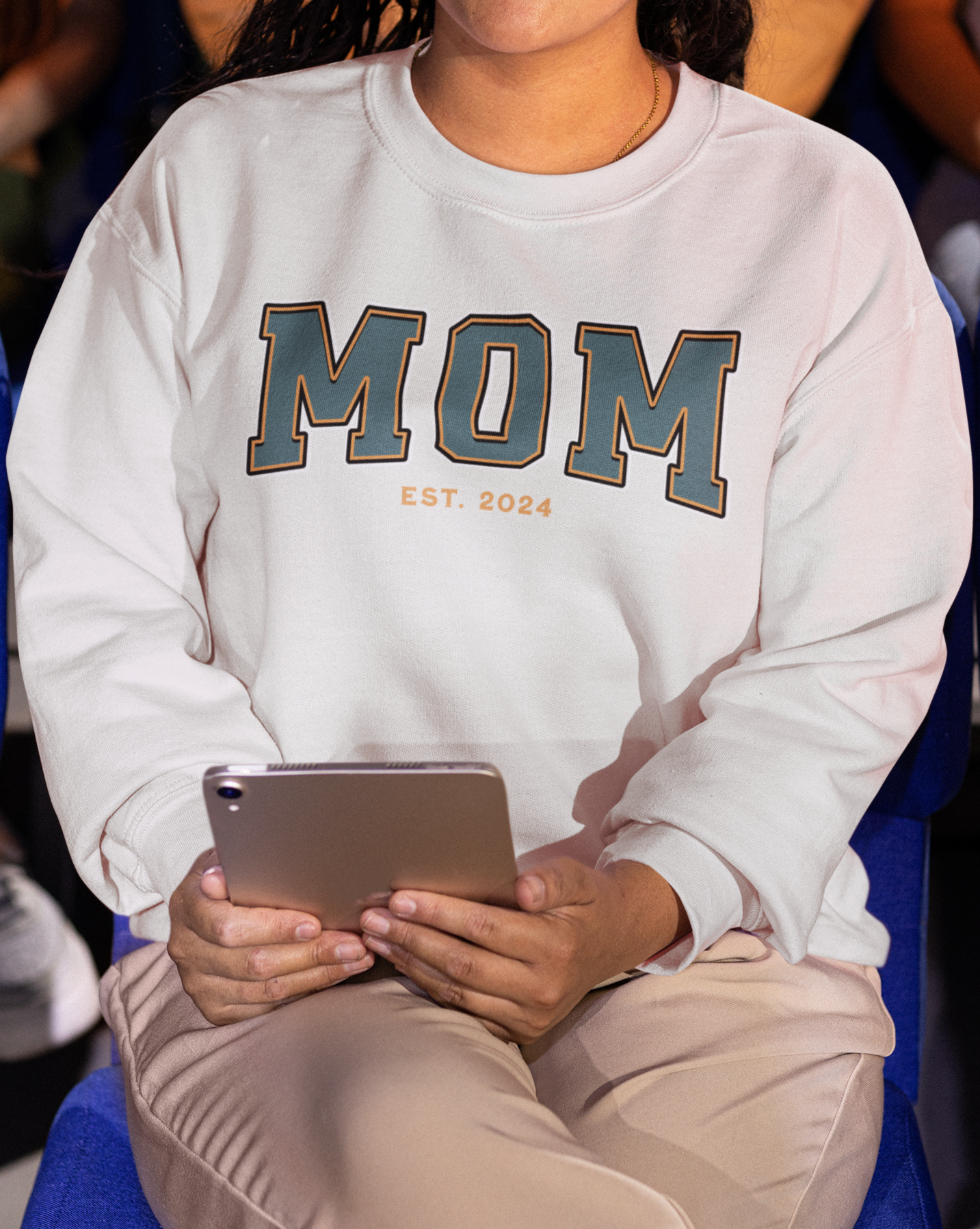 Mom Est 2024 Teal Orange College Letter Sweatshirt