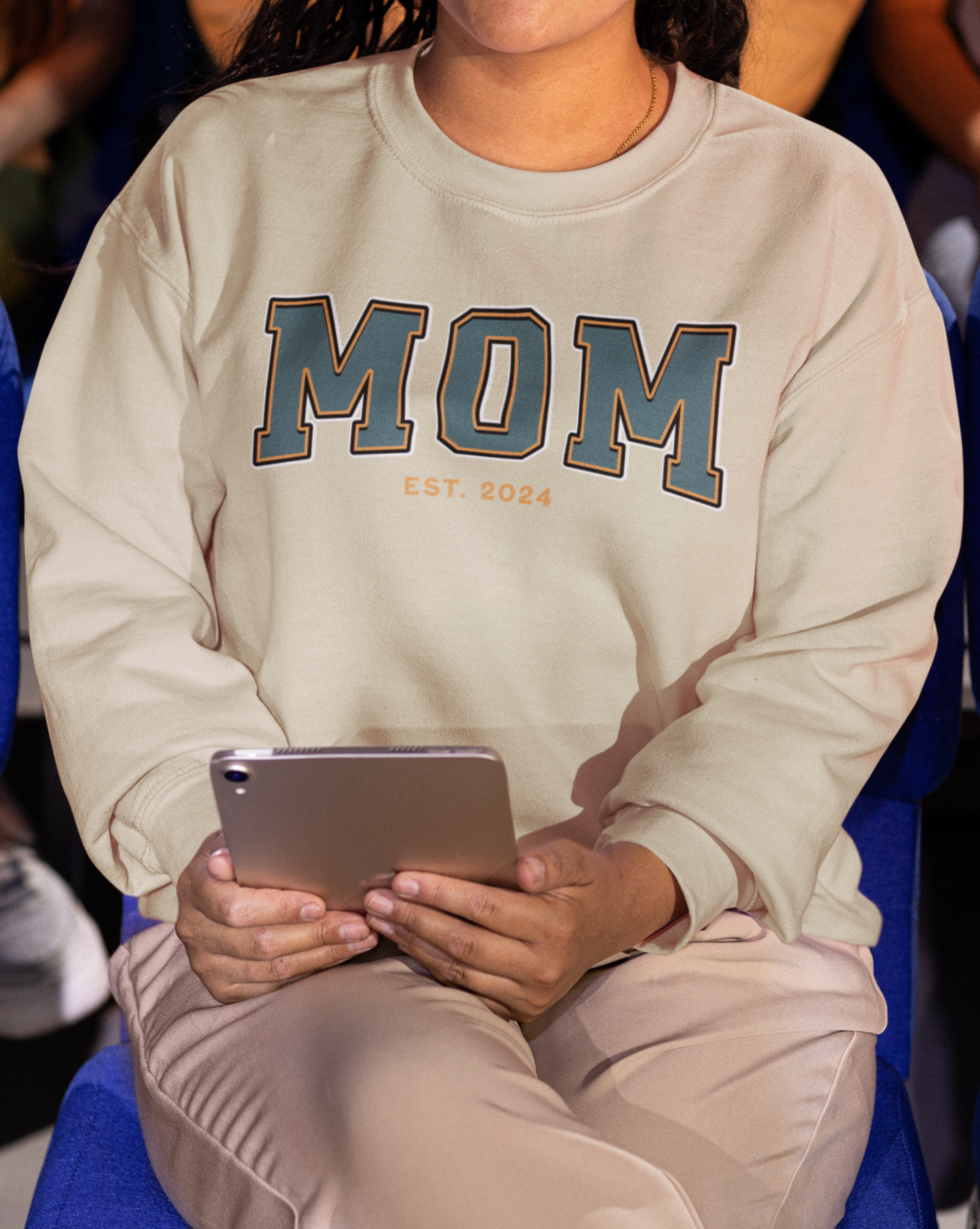 Mom Est 2024 Teal Orange College Letter Sweatshirt
