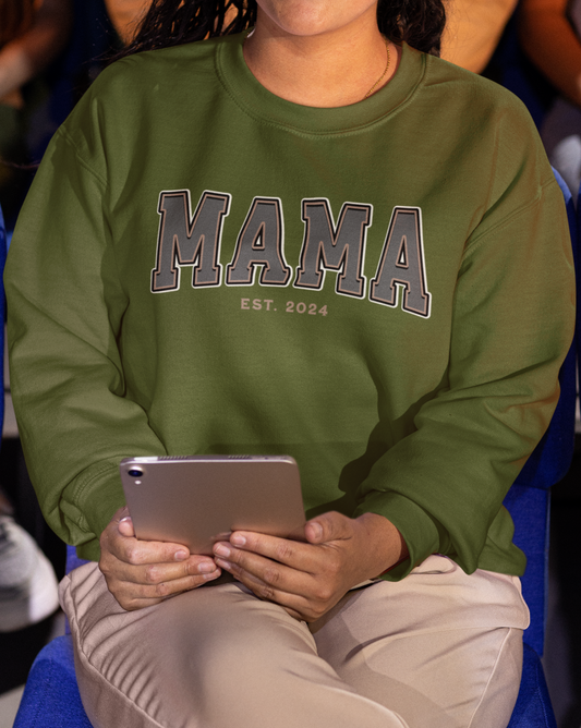 Mama Est 2024 Grey Tan College Letter Sweatshirt