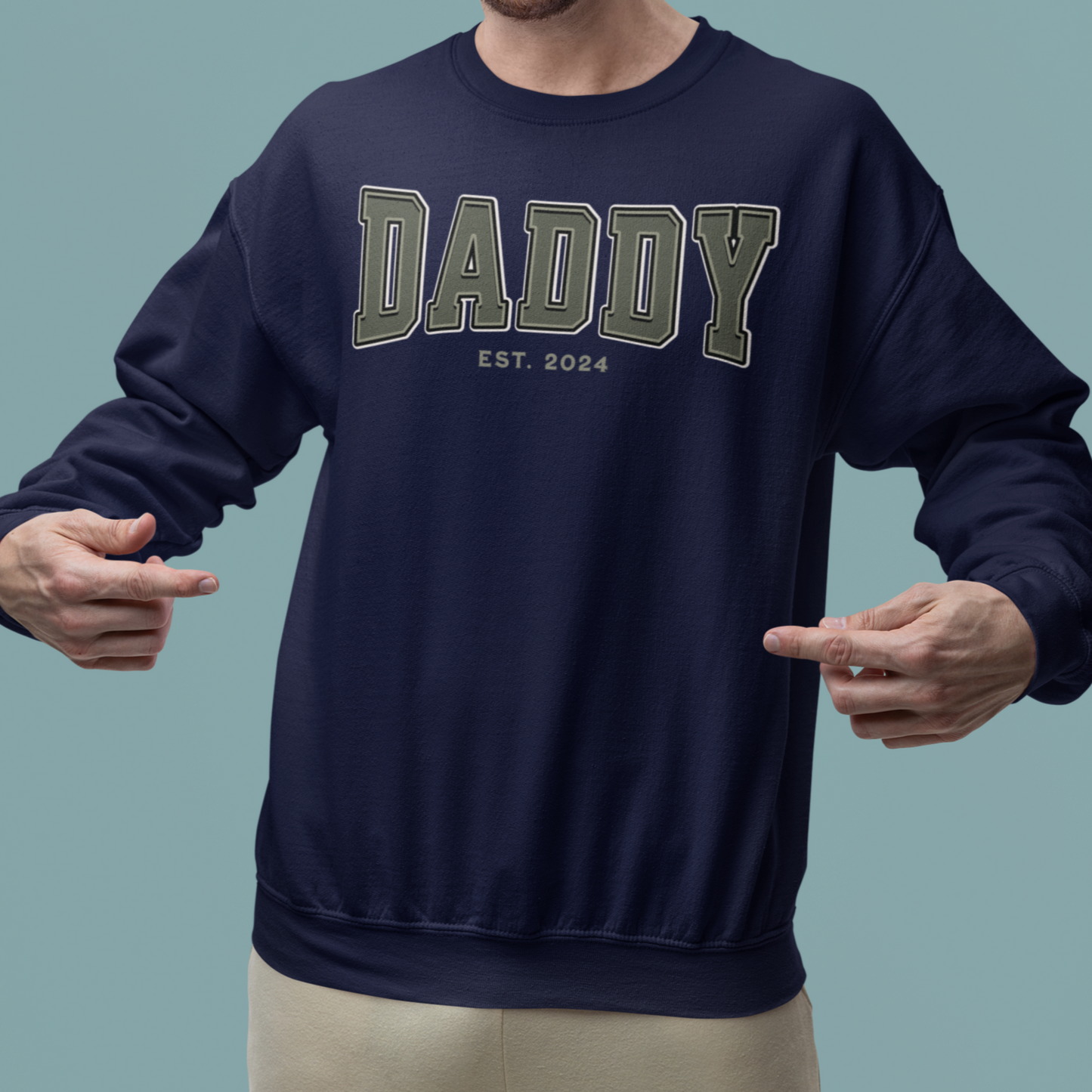 Daddy Est 2024 Army Green College Letter Sweatshirt