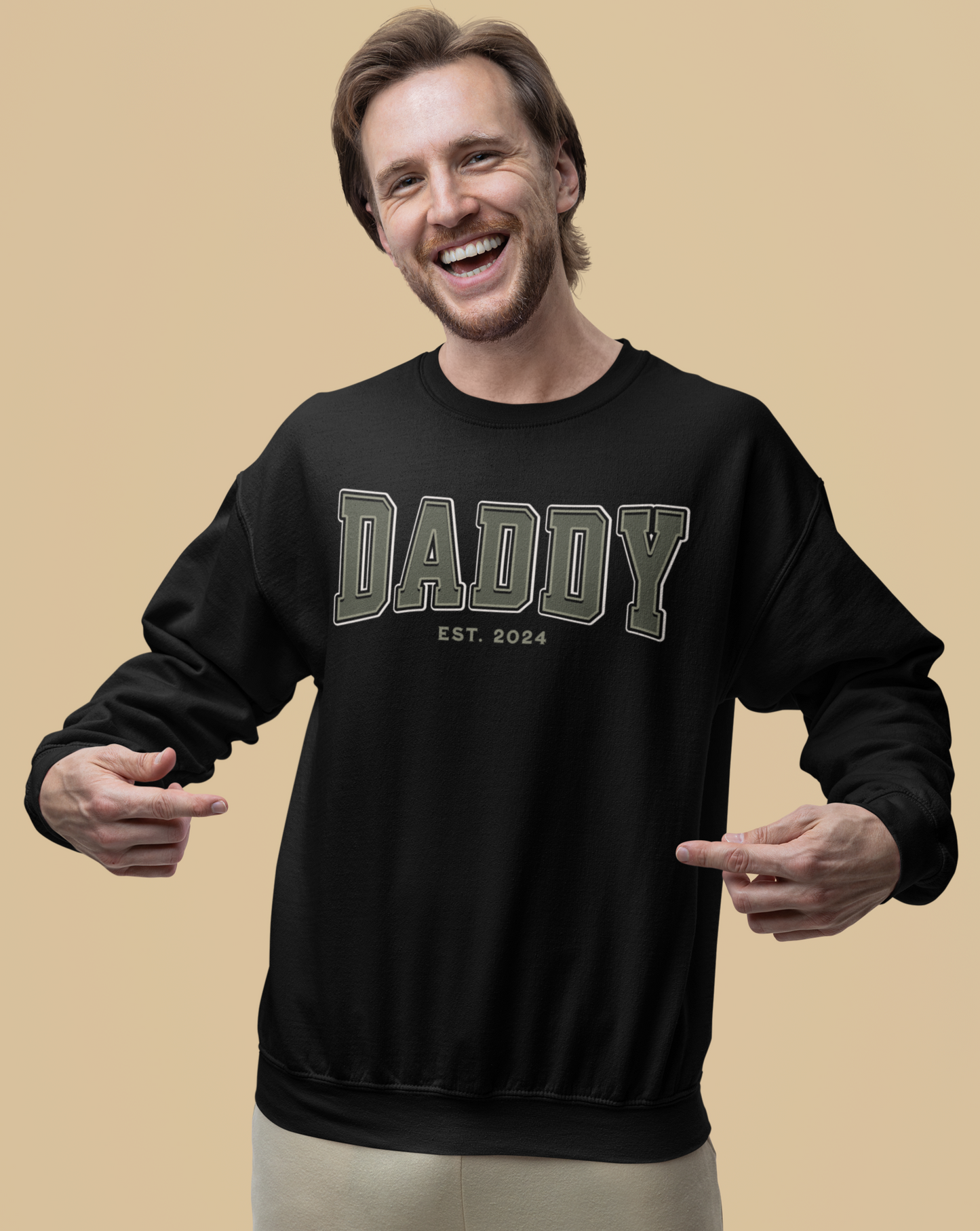 Daddy Est 2024 Army Green College Letter Sweatshirt