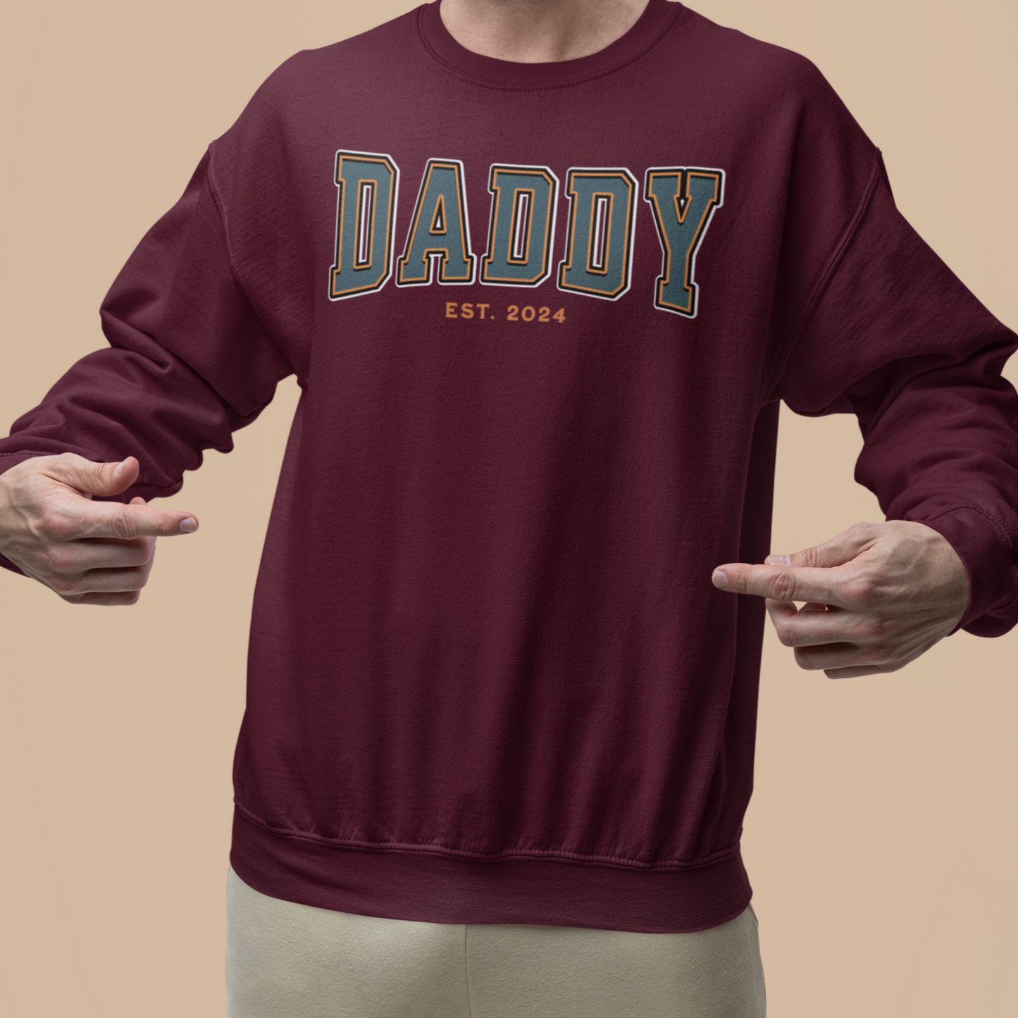 Daddy Est 2024 Teal Orange College Letter Sweatshirt