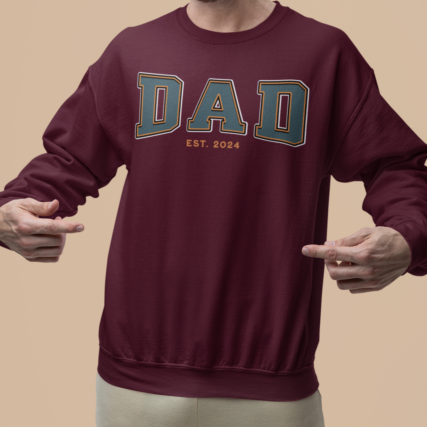 Dad Est 2024 Teal Orange College Letter Sweatshirt