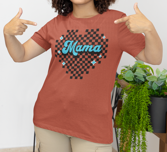 Blue Heart Checkered Mama Short Sleeve Tee