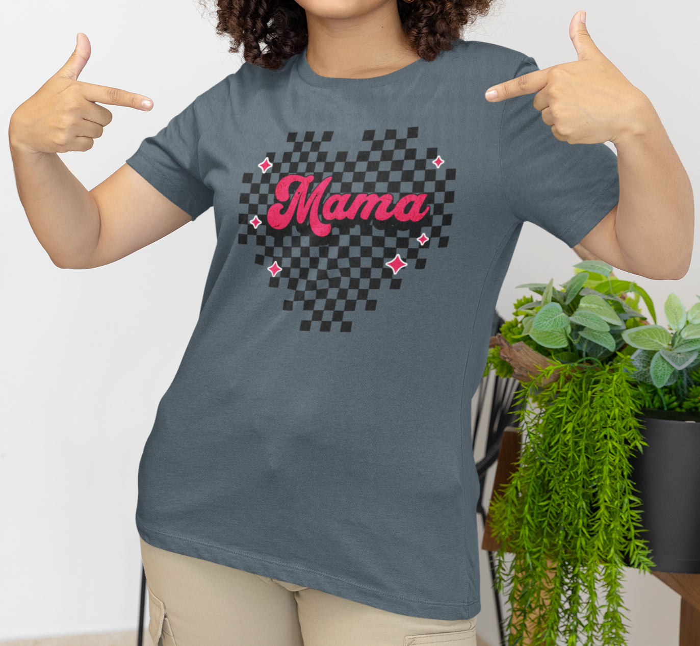 Pink Heart Checkered Mama Short Sleeve Tee