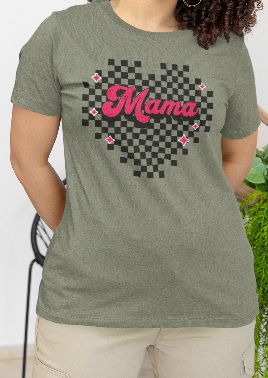 Pink Heart Checkered Mama Short Sleeve Tee