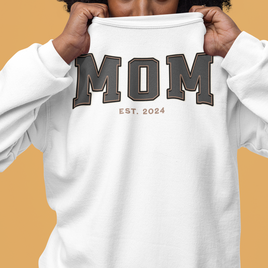 Mom Est 2024 Grey Tan College Letter Sweatshirt