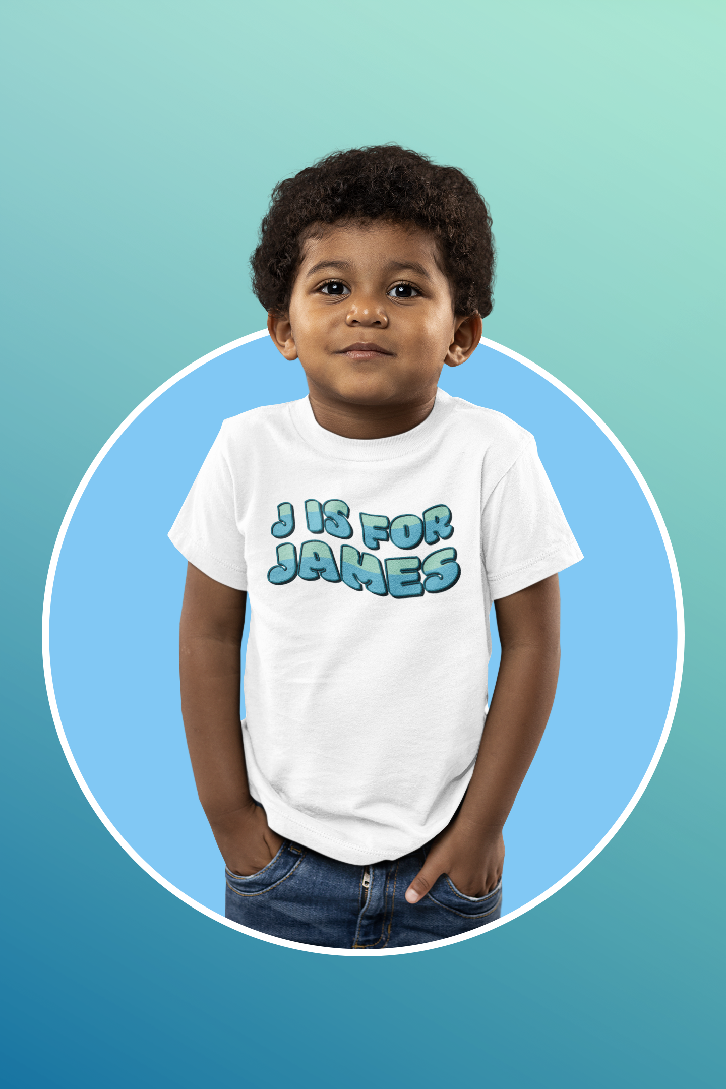 Custom Wavy Letter and Name Blue Green Toddler Short Sleeve Tee