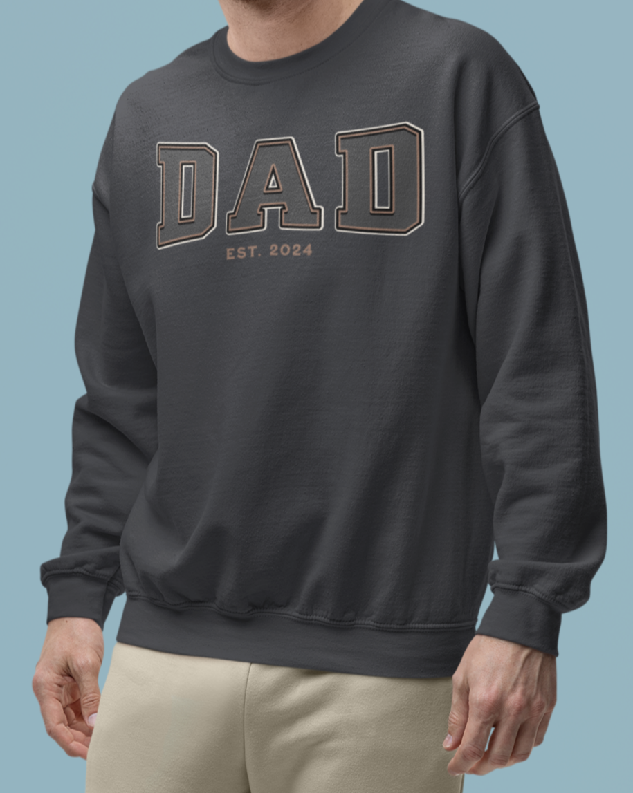 Dad Est 2024 Grey Tan College Letter Sweatshirt