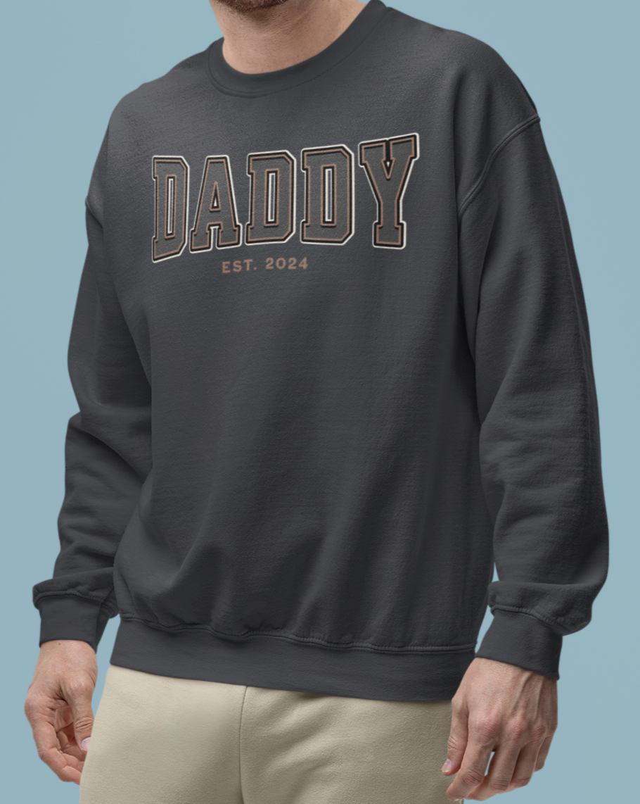 Daddy Est 2024 Grey Tan College Letter Sweatshirt