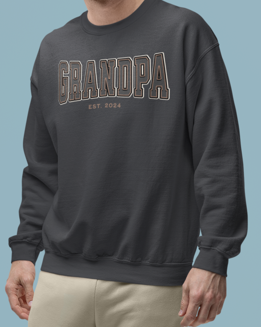Grandpa Est 2024 Grey Tan College Letter Sweatshirt