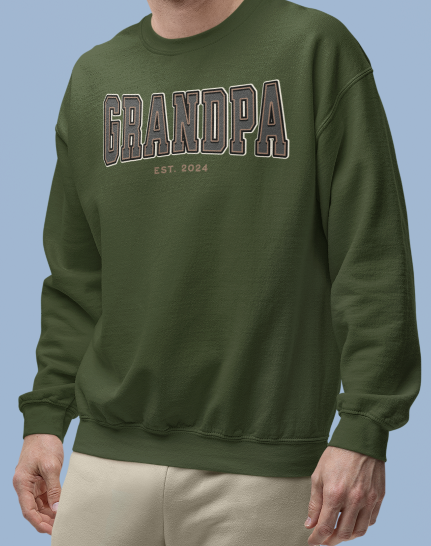 Grandpa Est 2024 Grey Tan College Letter Sweatshirt