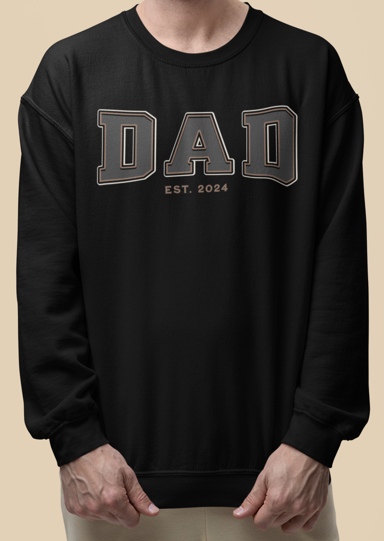 Dad Est 2024 Grey Tan College Letter Sweatshirt