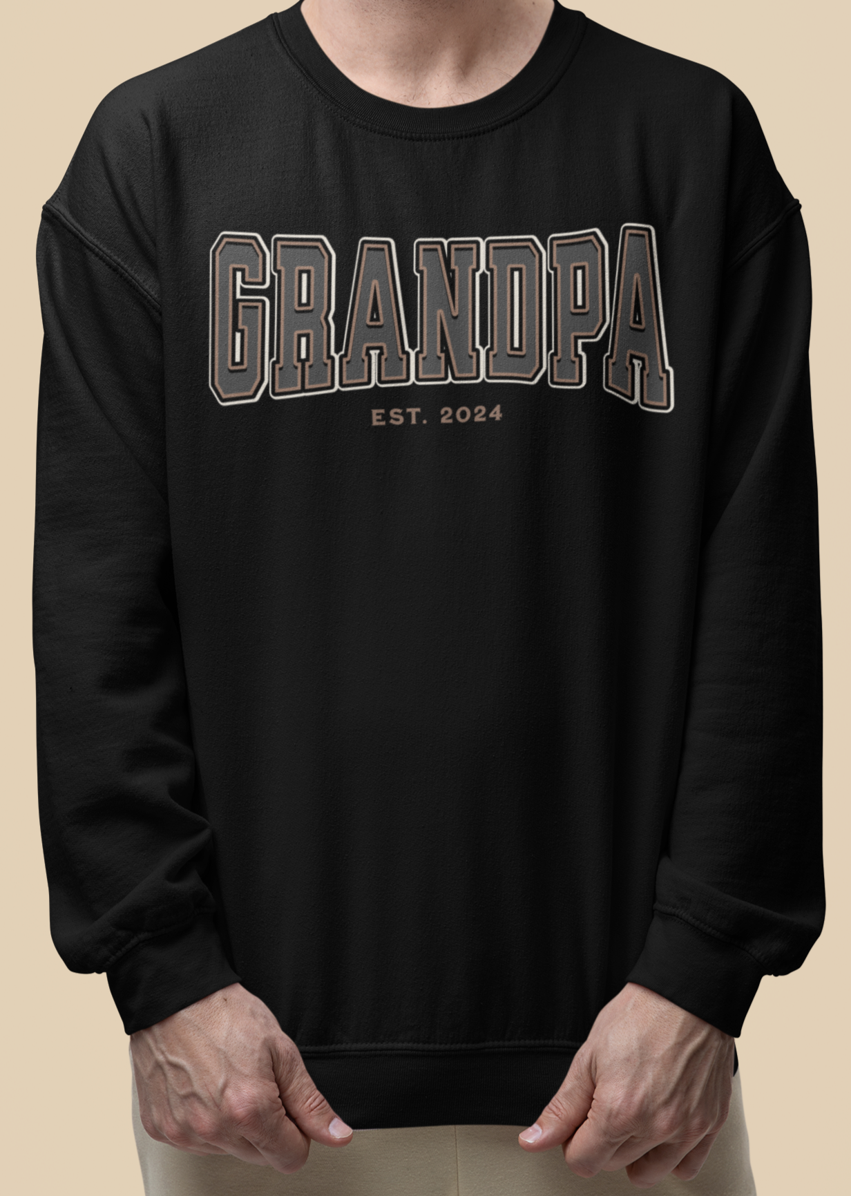 Grandpa Est 2024 Grey Tan College Letter Sweatshirt