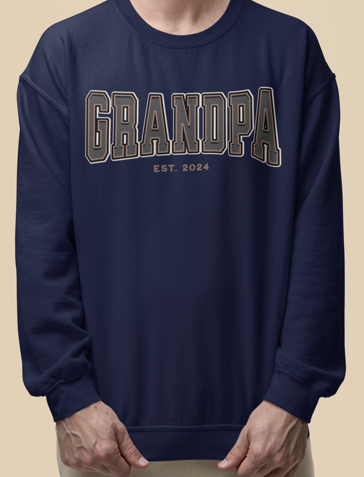 Grandpa Est 2024 Grey Tan College Letter Sweatshirt