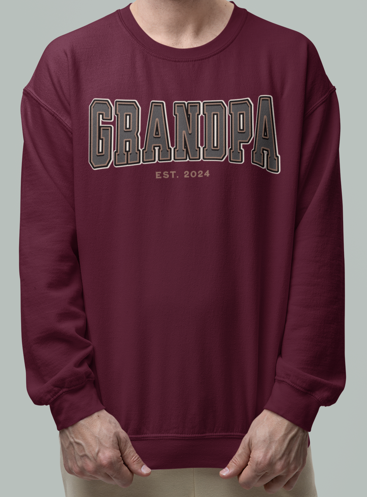 Grandpa Est 2024 Grey Tan College Letter Sweatshirt