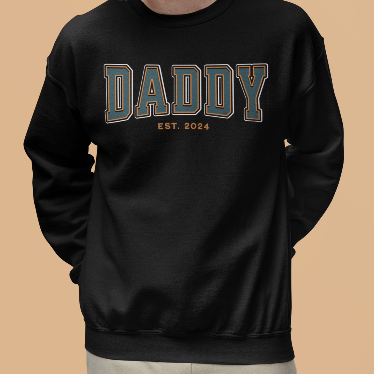 Daddy Est 2024 Teal Orange College Letter Sweatshirt