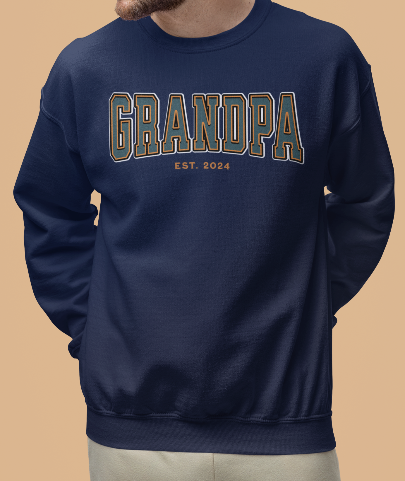 Grandpa Est 2024 Teal Orange College Letter Sweatshirt