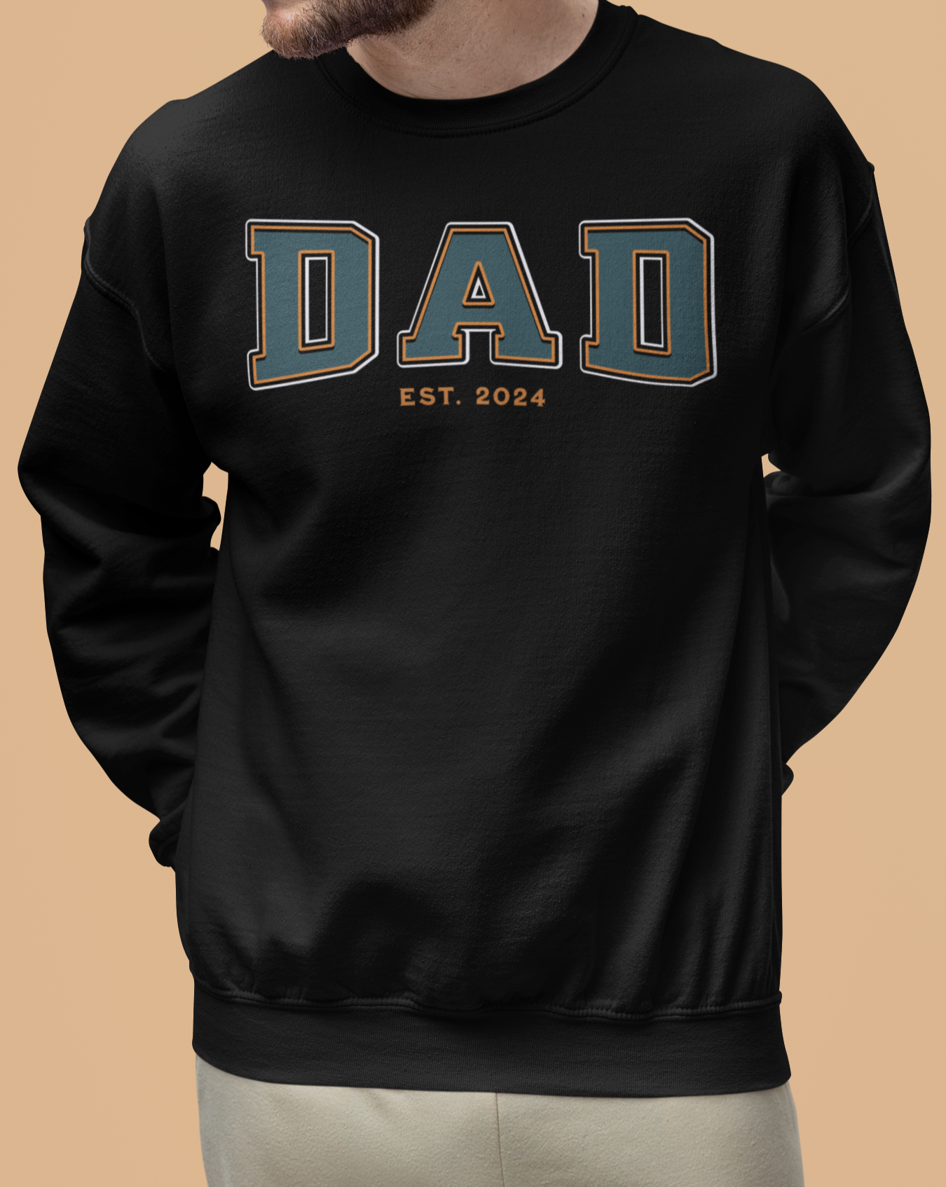 Dad Est 2024 Teal Orange College Letter Sweatshirt