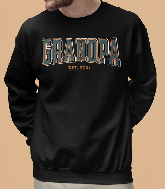 Grandpa Est 2024 Teal Orange College Letter Sweatshirt