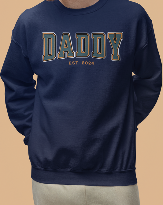 Daddy Est 2024 Teal Orange College Letter Sweatshirt
